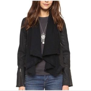 Free people denim black jacket with attached scarf on the inside.